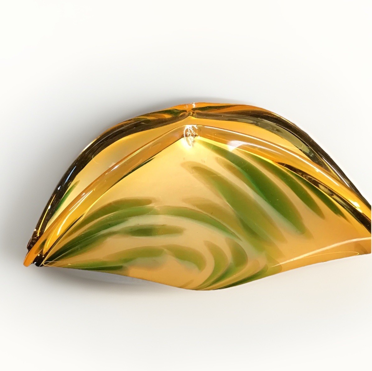 Large Murano Art Glass White Crystal Bowl Or Vase Amber & Green Made Italy MCM