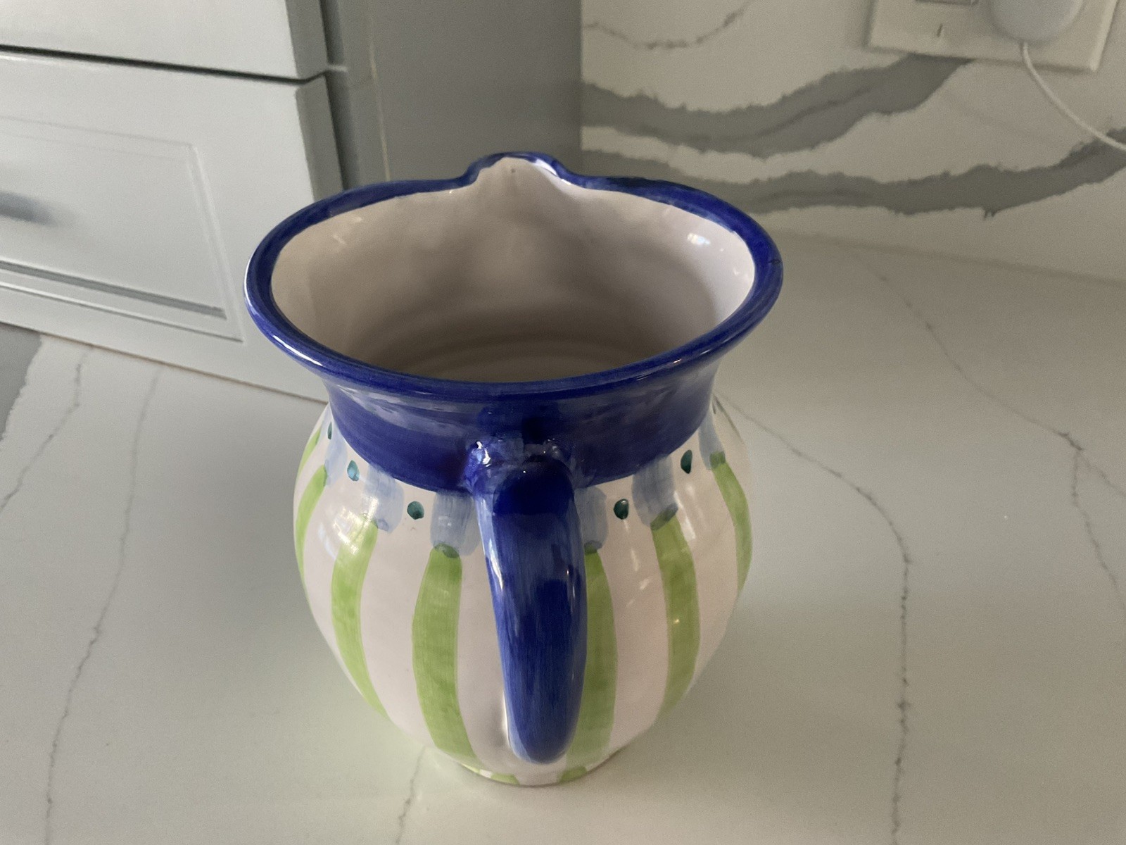 Italian Pottery Pitcher Blue Green Striped Country Fair Made In Italy