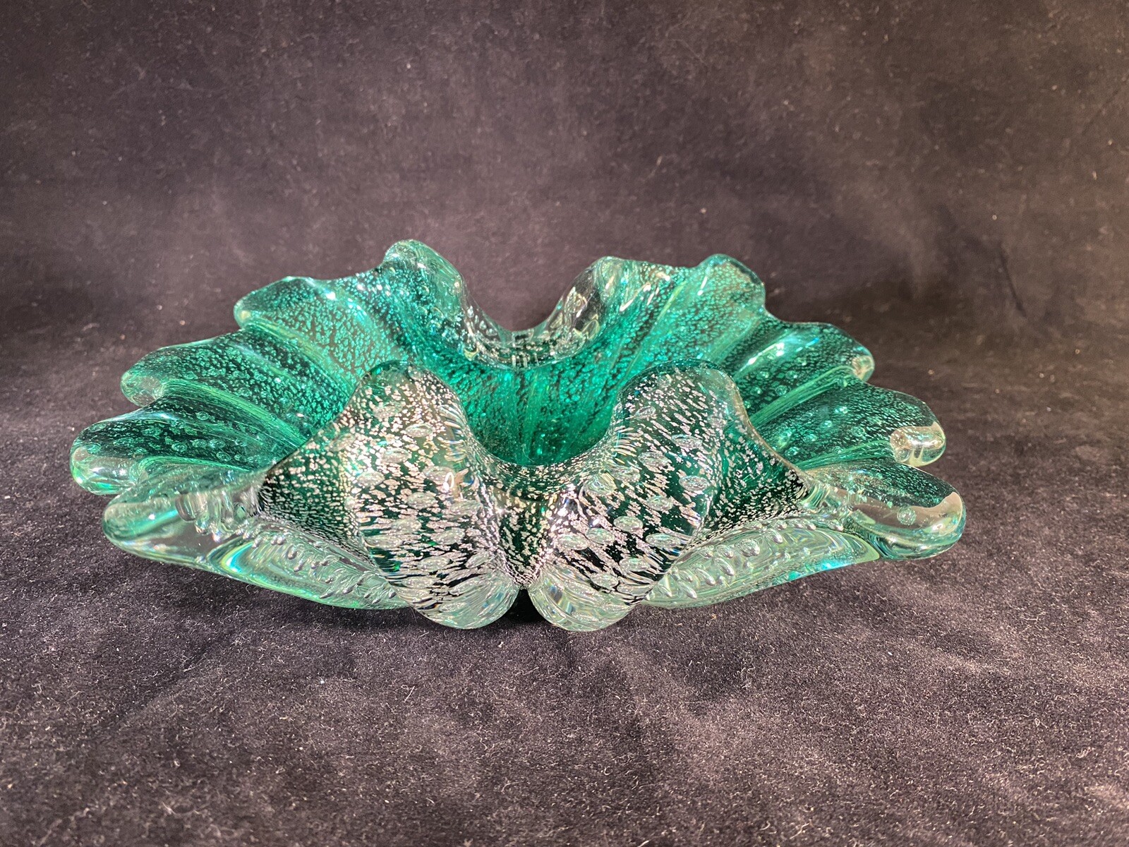 Barovier Toso Vintage Murano Glass Console Dish In Teal Green With Silver Leaf