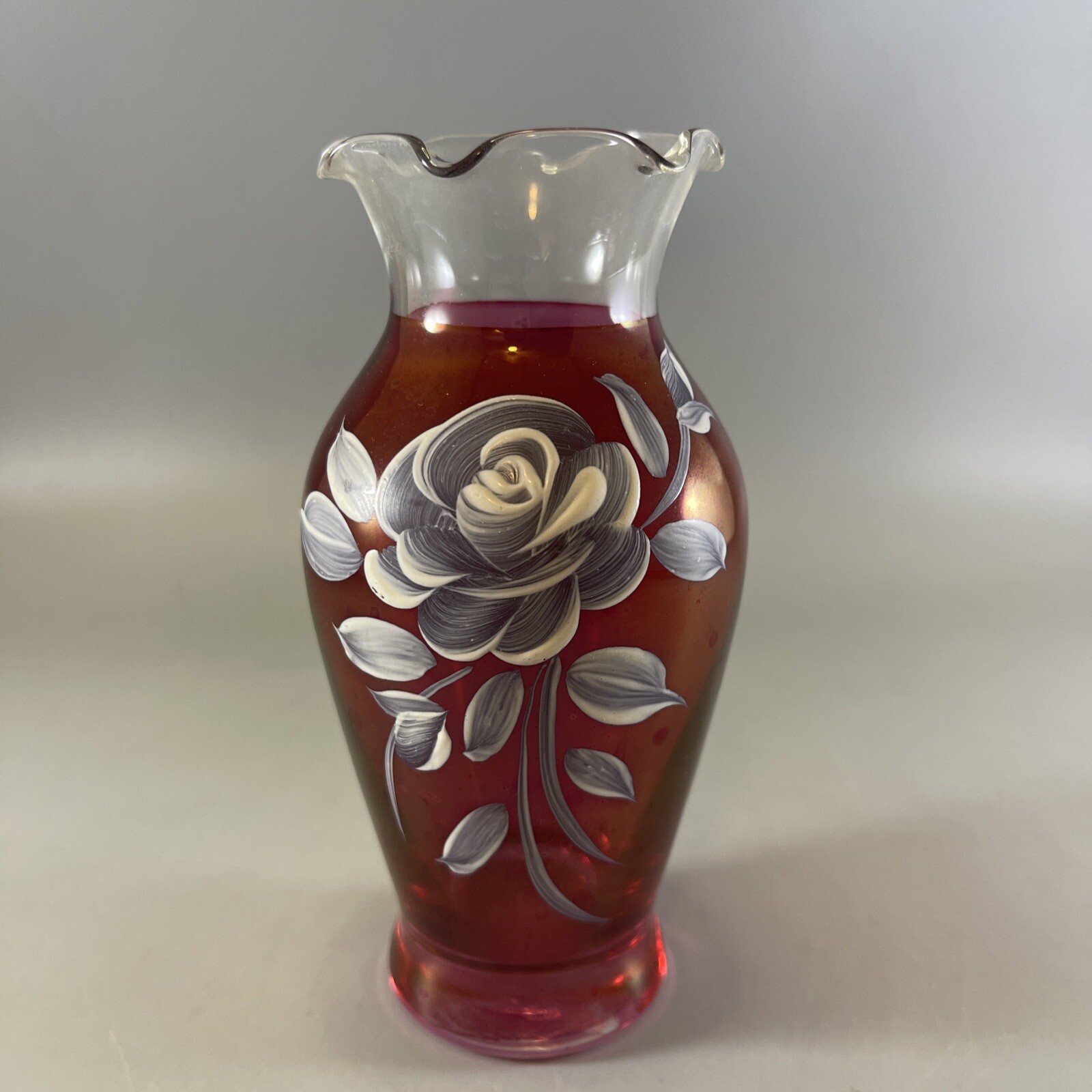 Westmoreland Glass Ruby Flash Red Vase Hand Painted Rose 5.5 In. Tall Vintage