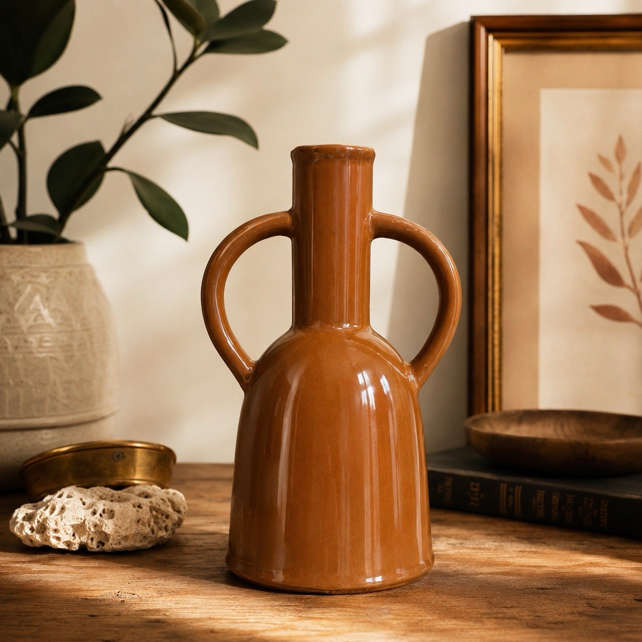 Vintage Brown Glazed Ceramic Double Handled Vase MCM Scandinavian Boho Decor