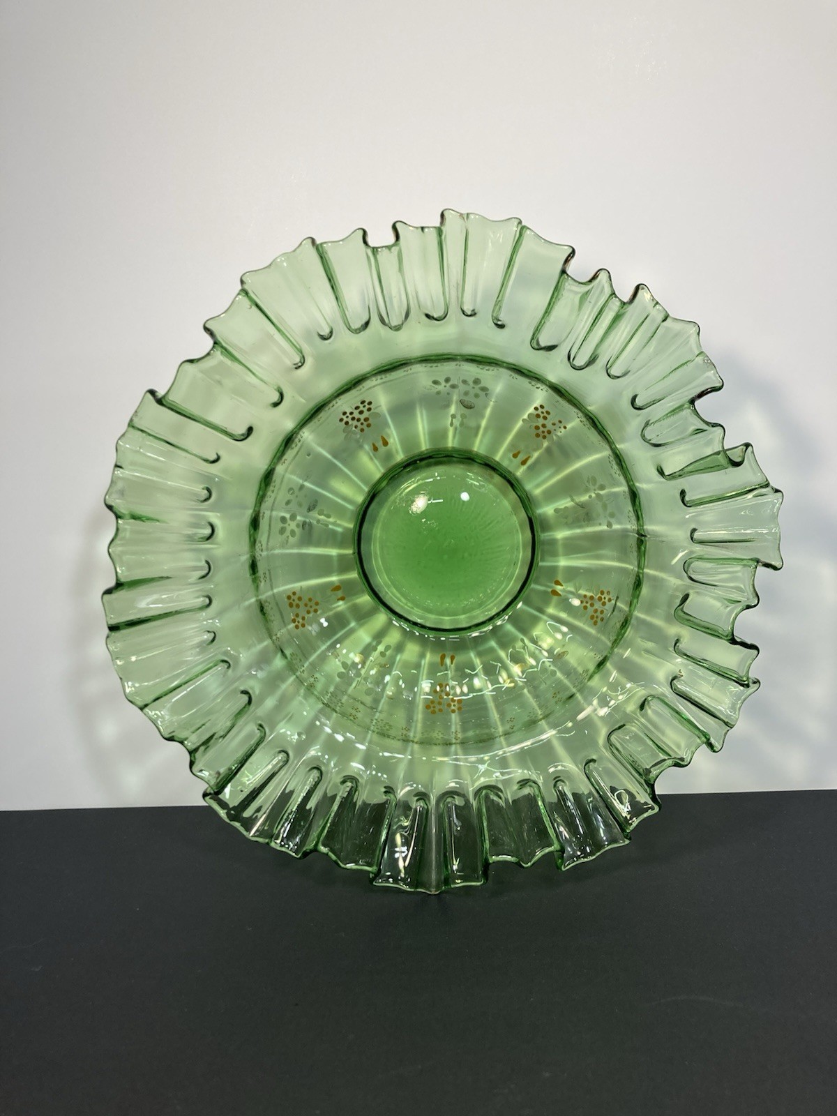 Victorian Brides Bowl/Green With Metal Stand & Enameled Flowers & Ruffled Edges