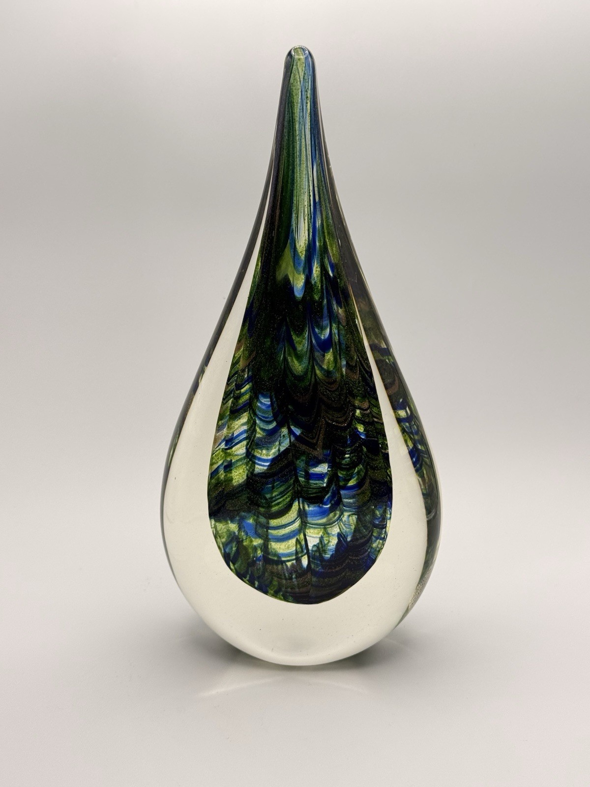 Hand Blown Art Glass Teardrop Sculpture Blue Green Gold Aventurine 9.5in