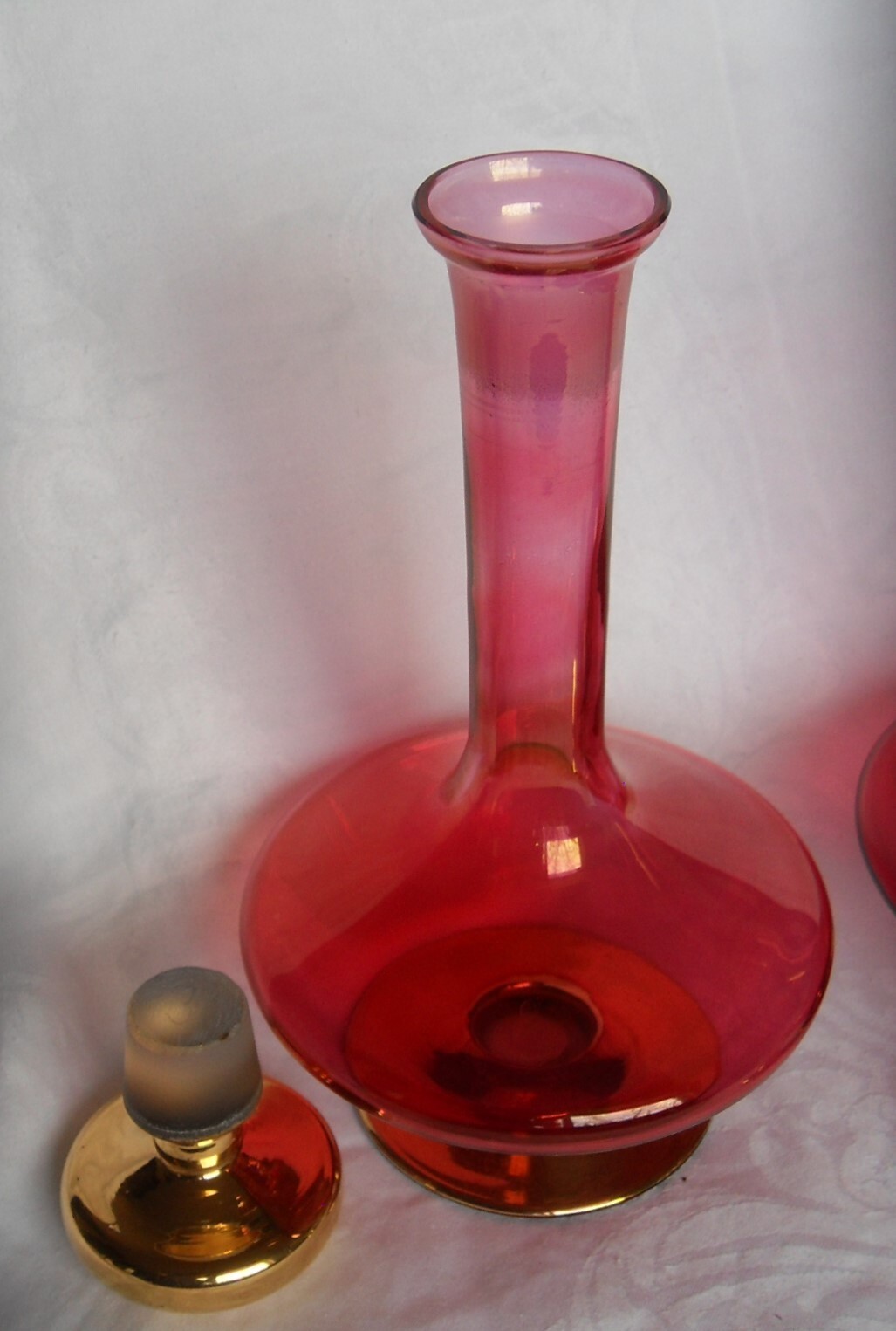 Vtg Cranberry Art Glass Decanter Carafe Bottles w/Gold Gilt Lid IRICE W. Germany