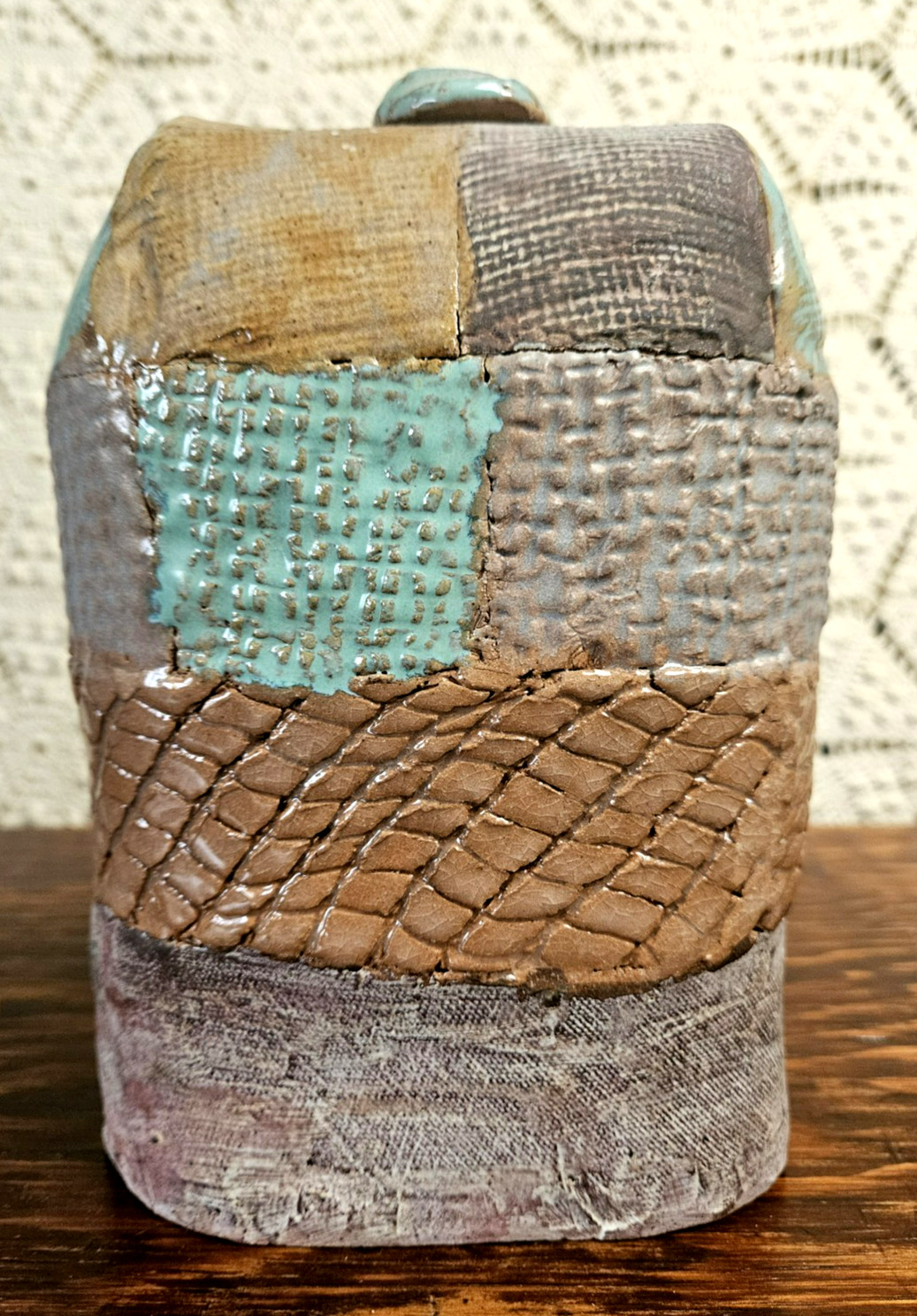 Patchwork Design Ceramic Flask Signed Studio Art Pottery W/Clay Cork Blue Brown