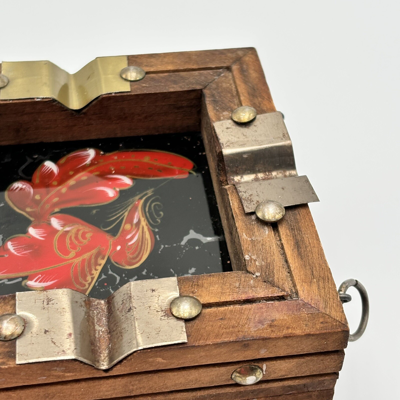 Vintage Handmade Wooden Ashtray Square Metal Accents Glass Firebird 4 3/4”