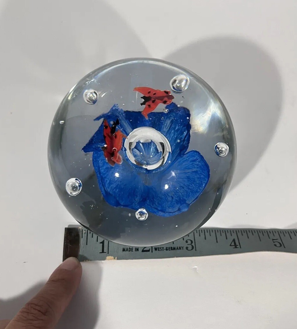 Art Glass Red Butterfly Blue Flower Paper Weight Home Office Decor