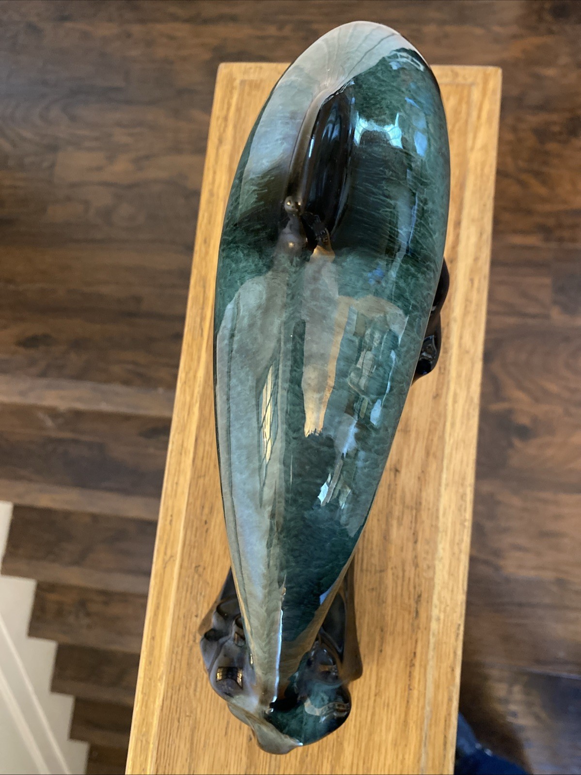 BLUE MOUNTAIN POTTERY JUMPING DOLPHIN DRIP GLAZE TURQUOISE BLACK WAVES 12″