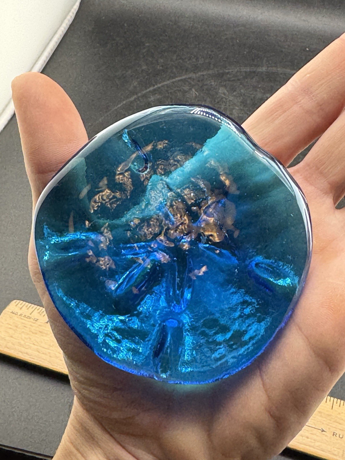 Vintage Iridescent Blue Glass “Sand Dollar” Paperweight