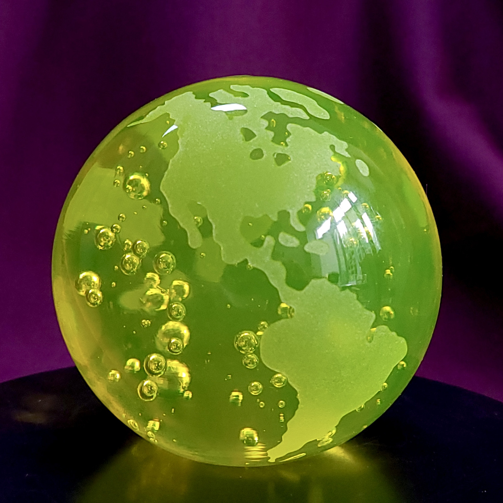 Uranium Glass Earth Paperweight 79mm Vaseline Glass Sphere Globe with Bubbles