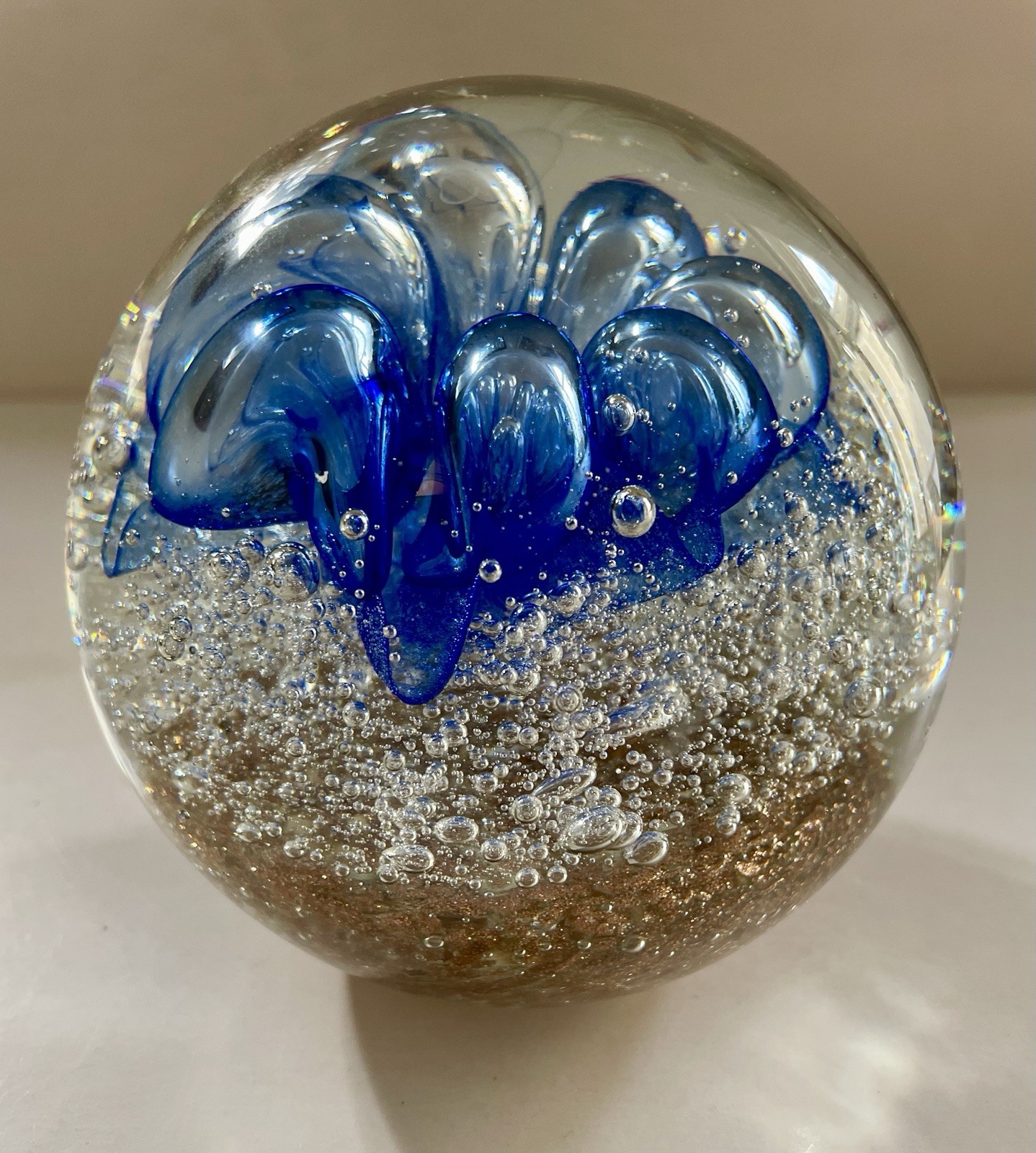 Vtg Murano Cristalleria d’arte Glass Paperweight Orb Blue Clear Bubbles 4 lb 4″H