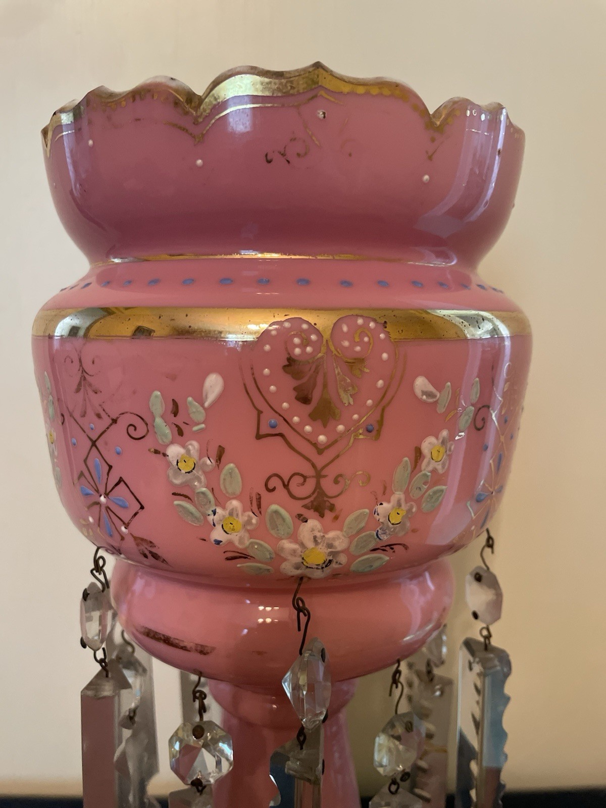 Antique Victorian Pink Cased Decorated Glass Mantle Candle Luster
