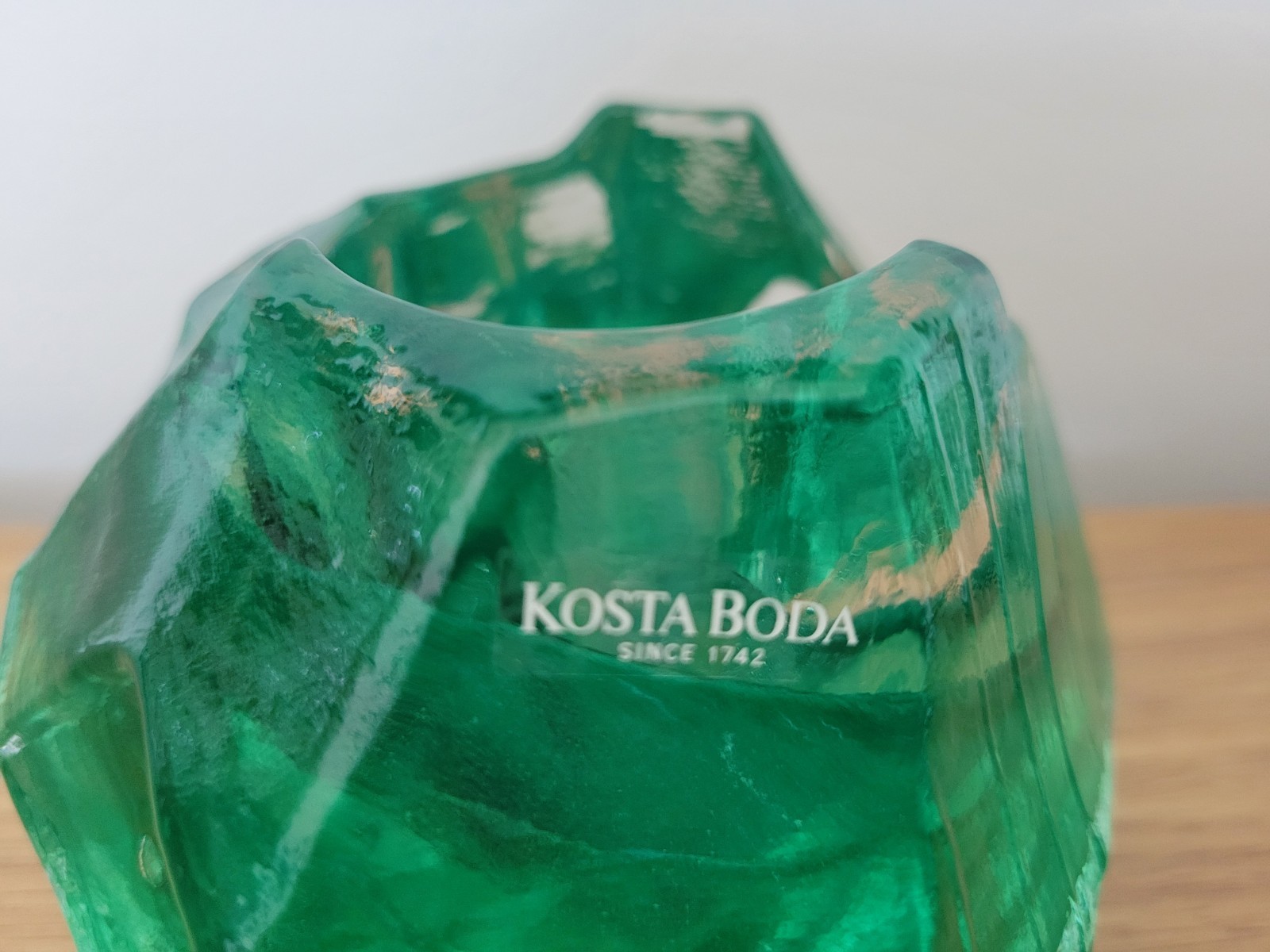 Vintage KOSTA BODA Emerald Green Glass Rock Hurricane Candle Votive. Sweden.