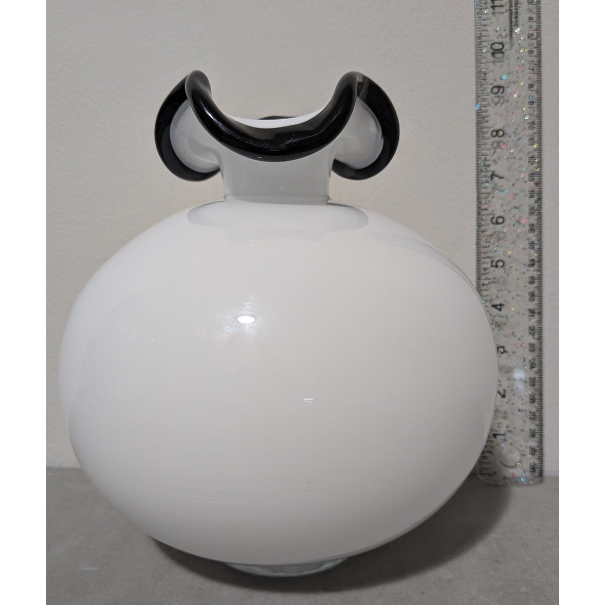 Vintage Modernist Polish Tarnowiec White & Black Art Glass Vase Elegant Decor