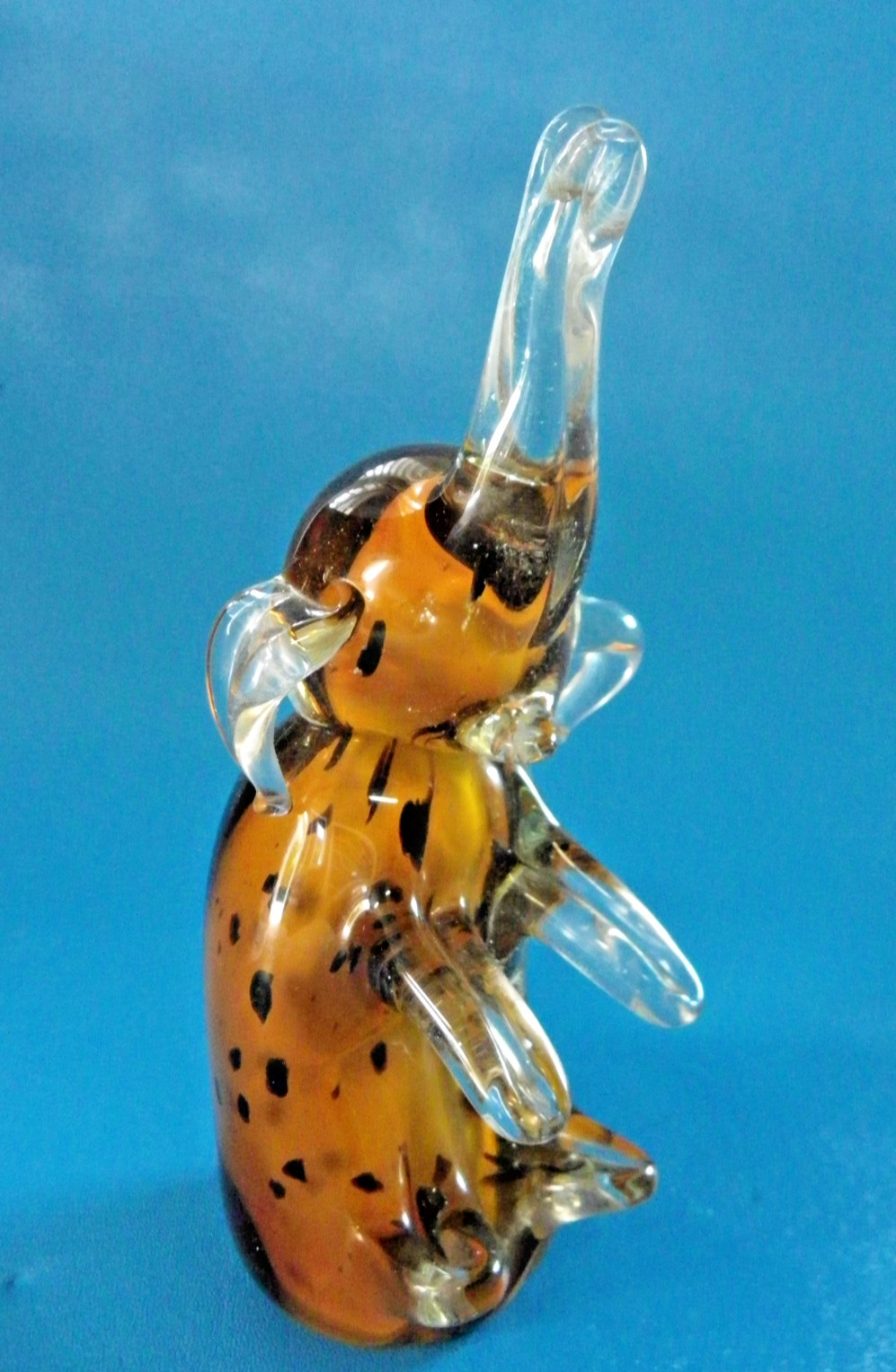 Glass Art Hand Blown Sitting Elephant Figurine Orange/Black Speckled 8″ Tall
