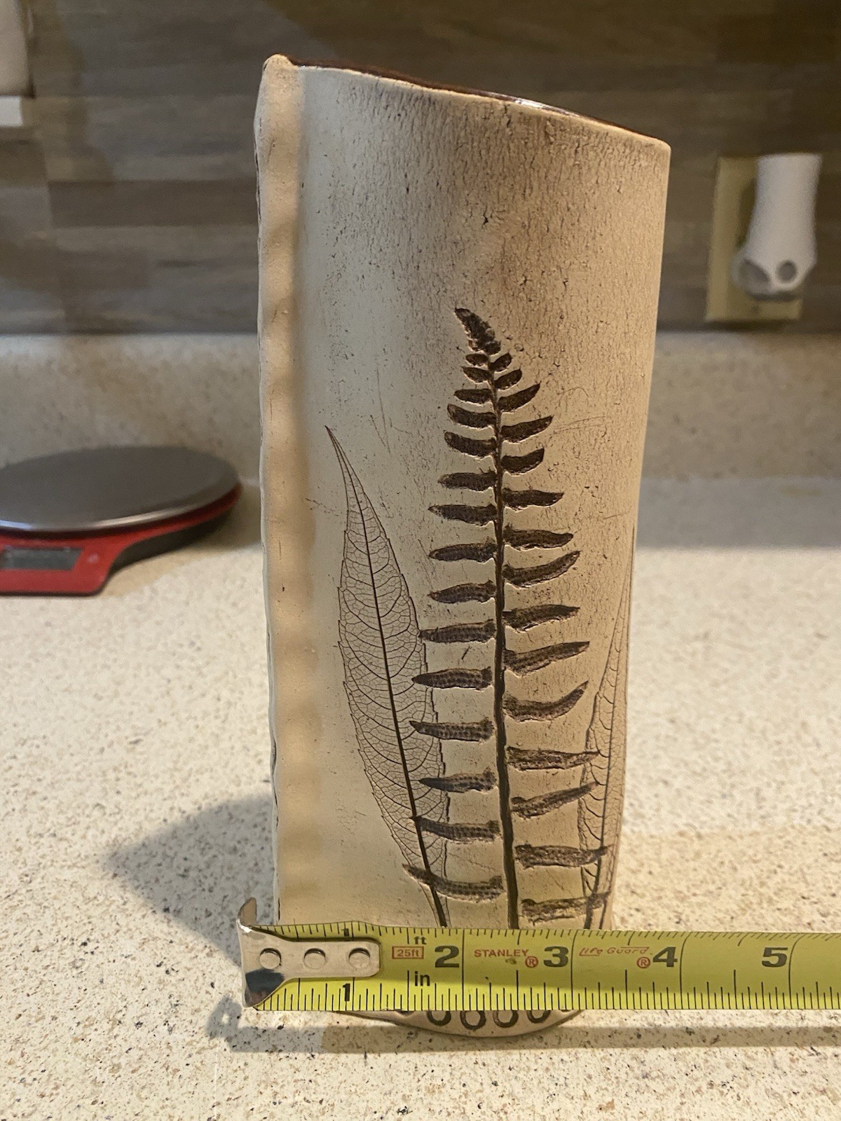 Impressed Botanical Fern Pottery Art Vase Artist Signed Tree Of Life Pottery