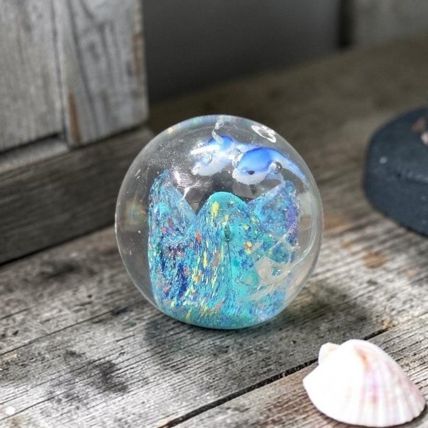 Murano Style Heavy Glass Paperweight, Nautical Seascape, Dolphin and Reef Design