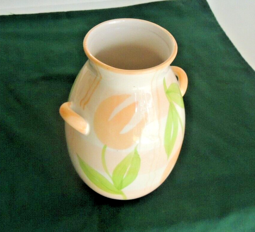 Tulip Flowers Porcelain Vase with side handles peach on white green leaves 8 in