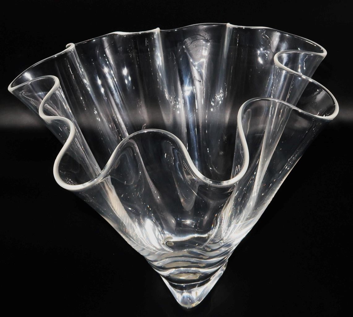Steuben Signed Art Glass Crystal Handkerchief Vase, 11 1/4″ x 9 3/4″H