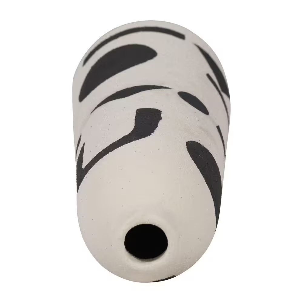 15 In. Ivory Stoneware and Suar Wood round Abstract Funky Decorative Vase