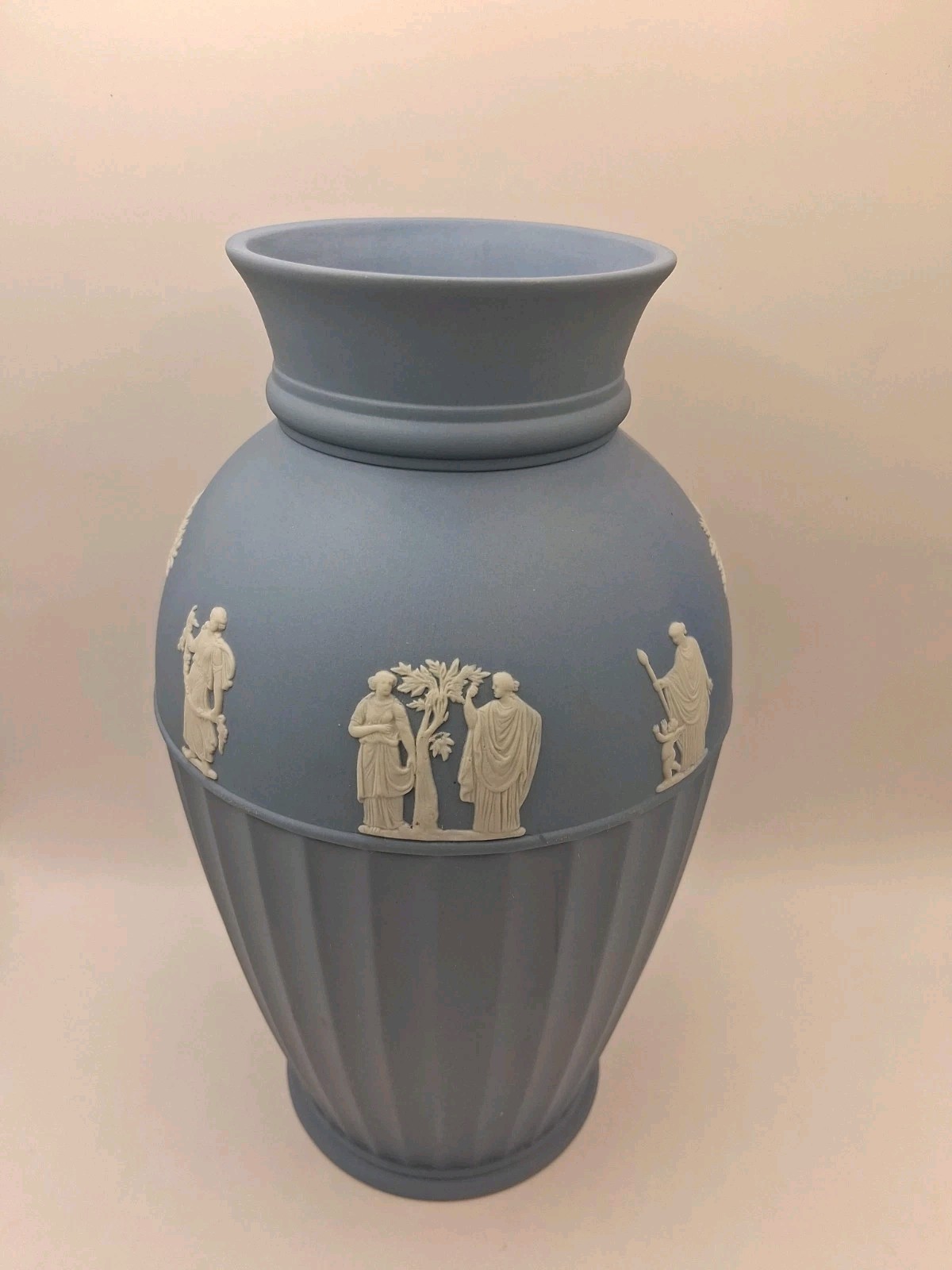 Vtg. Uniq Wedgwood Blue Off White Jasperware Vase W Classical Scenes. England
