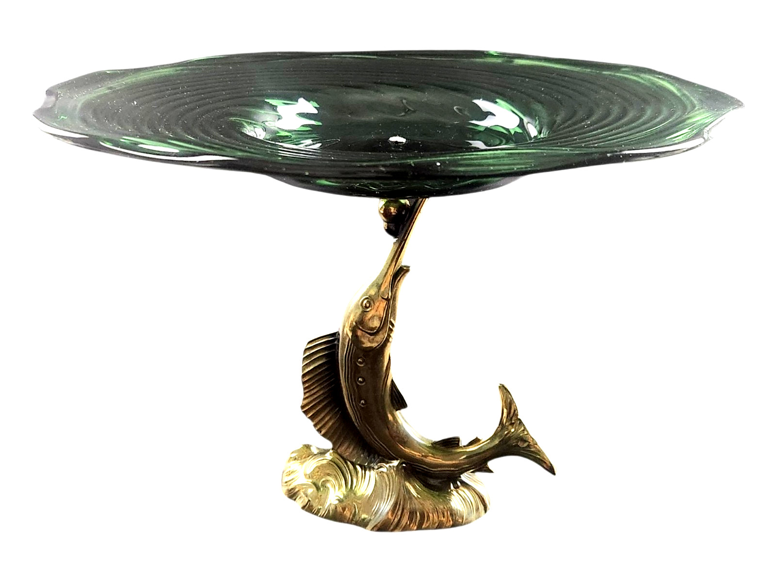 Vintage Cast Brass Sword/Sail Fish Pedestal Green Glass Centerpiece Compote Tray