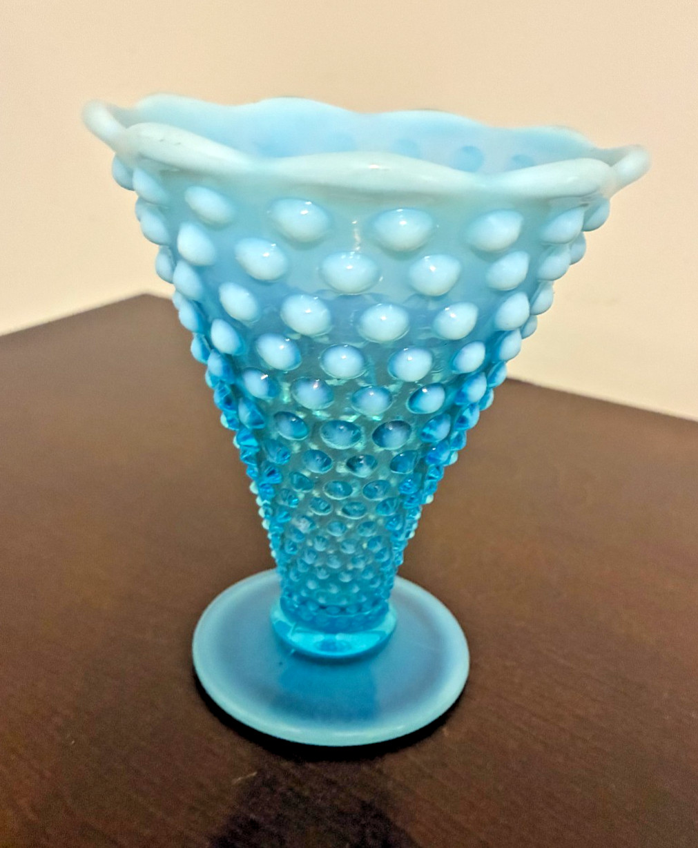 Fenton Blue Opalescent Hobnail Double Crimp Trumpet Vase Vintage