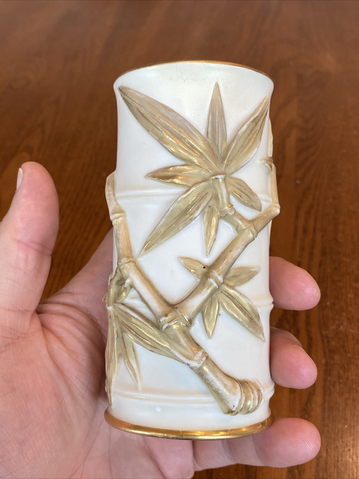 Antique 1885 19th C ROYAL WORCESTER PATENT METALLIC IVORY WARE BAMBOO SPILL VASE