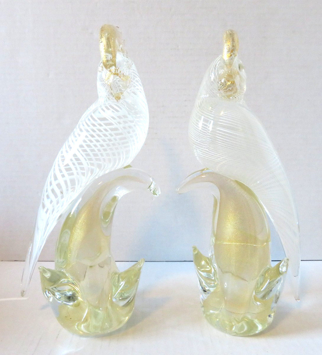 Pair of Murano Art Glass Parakeet Cockatoo Bird Sculptures 12″ Gold Aventurine