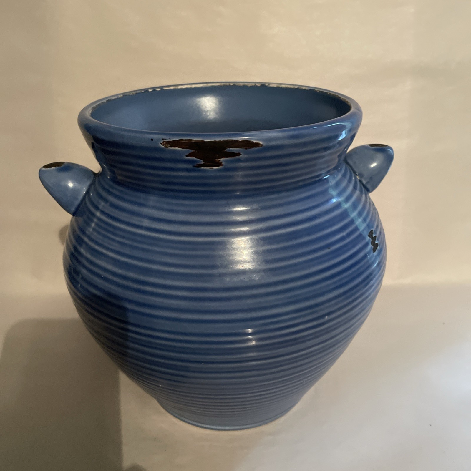 Vintage Art Deco Blue Art Pottery Vase Or Planter Ribbed Design Small Handles