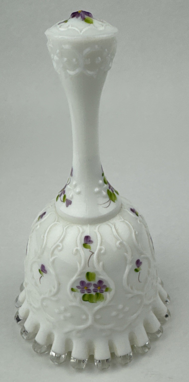 Fenton Silver Crest Violets in Snow on Spanish Lace Bell Artist Signed Vintage