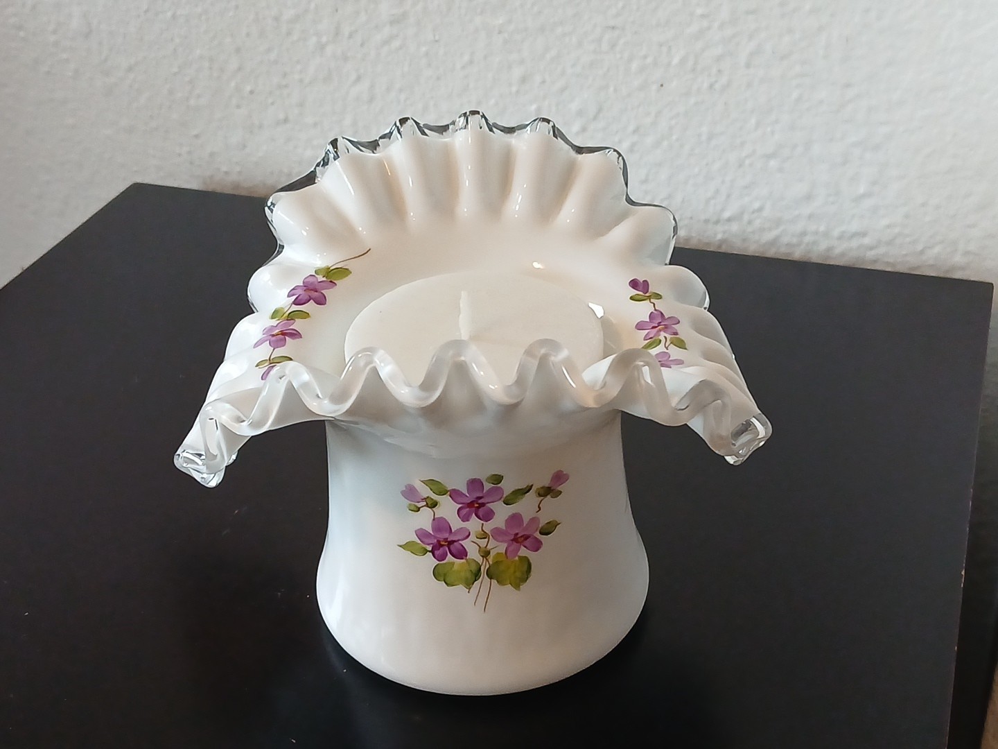 Fenton Glass Hand Painted Violets in the Snow Silvercrest Hat Vase