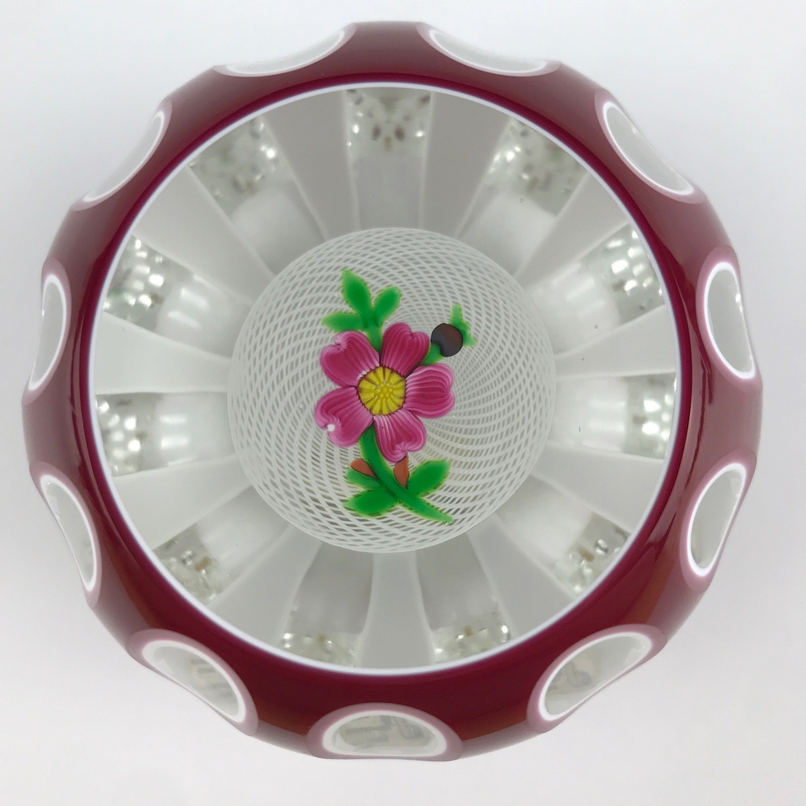 Perthshire 1984G Double Overlay Latticino Cushion Flower Faceted Paperweight