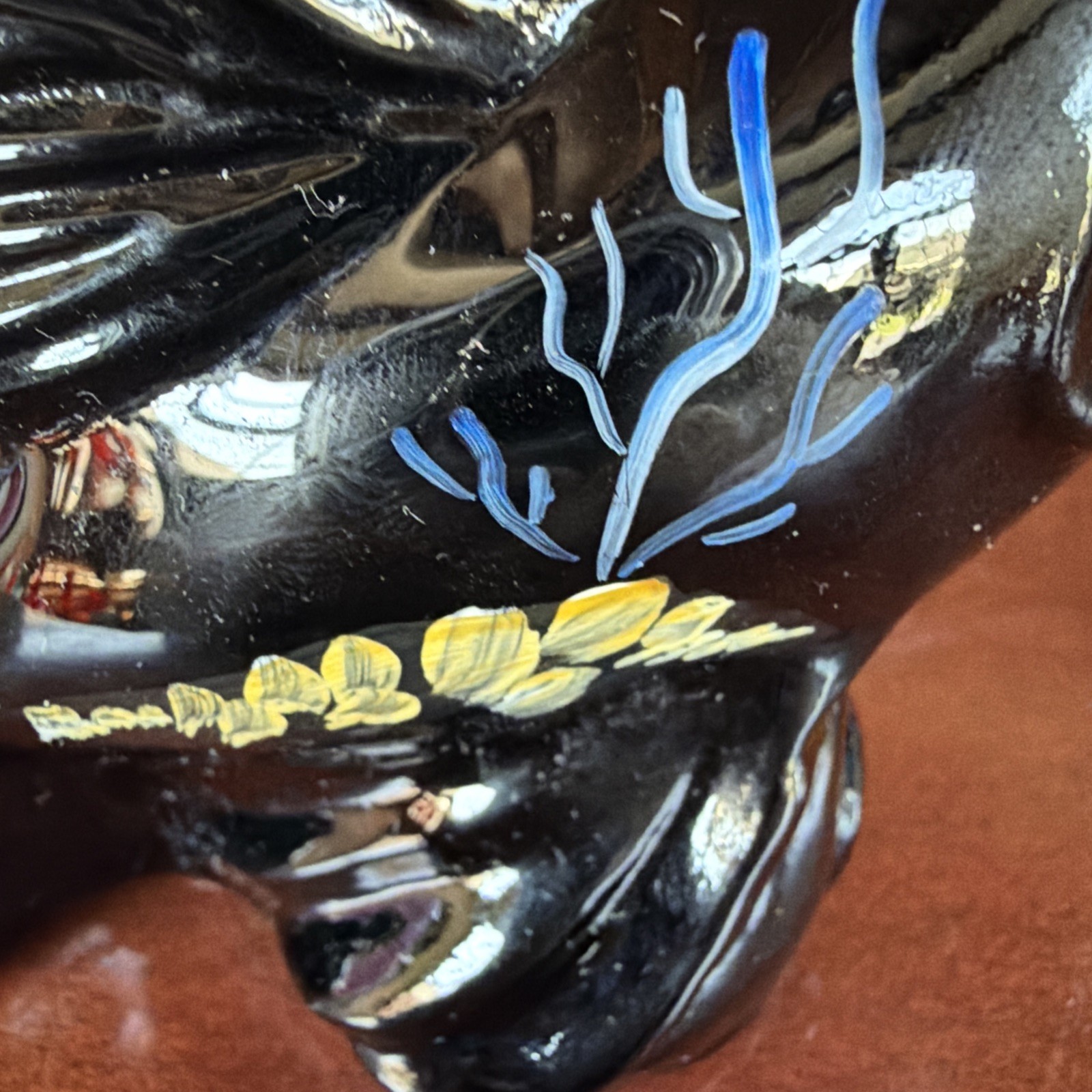Fantastic Fenton Glass Black Ebony Koi Fish/Asian Goldfish Hand Painted Signed