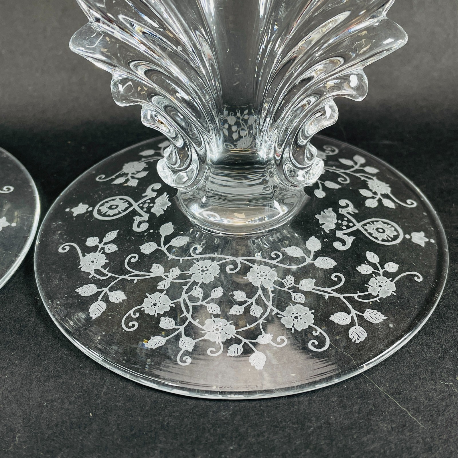 Pair Vintage Fostoria Navarre Etched Glass Candlesticks Baroque Candle Holders