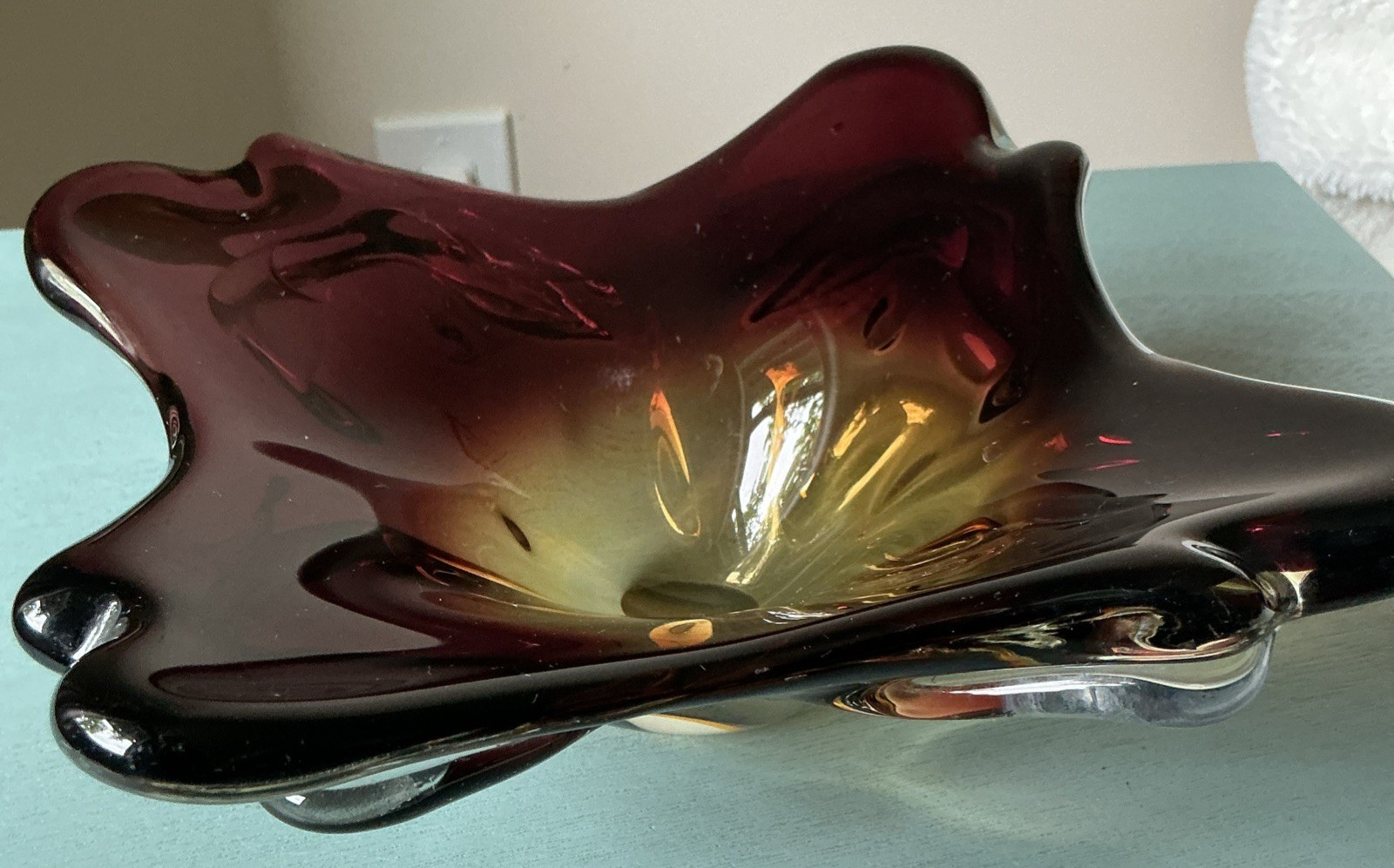 Chalet Canada Art Glass Bowl Cranberry Amethyst Amber Purple Winged Rim VTG