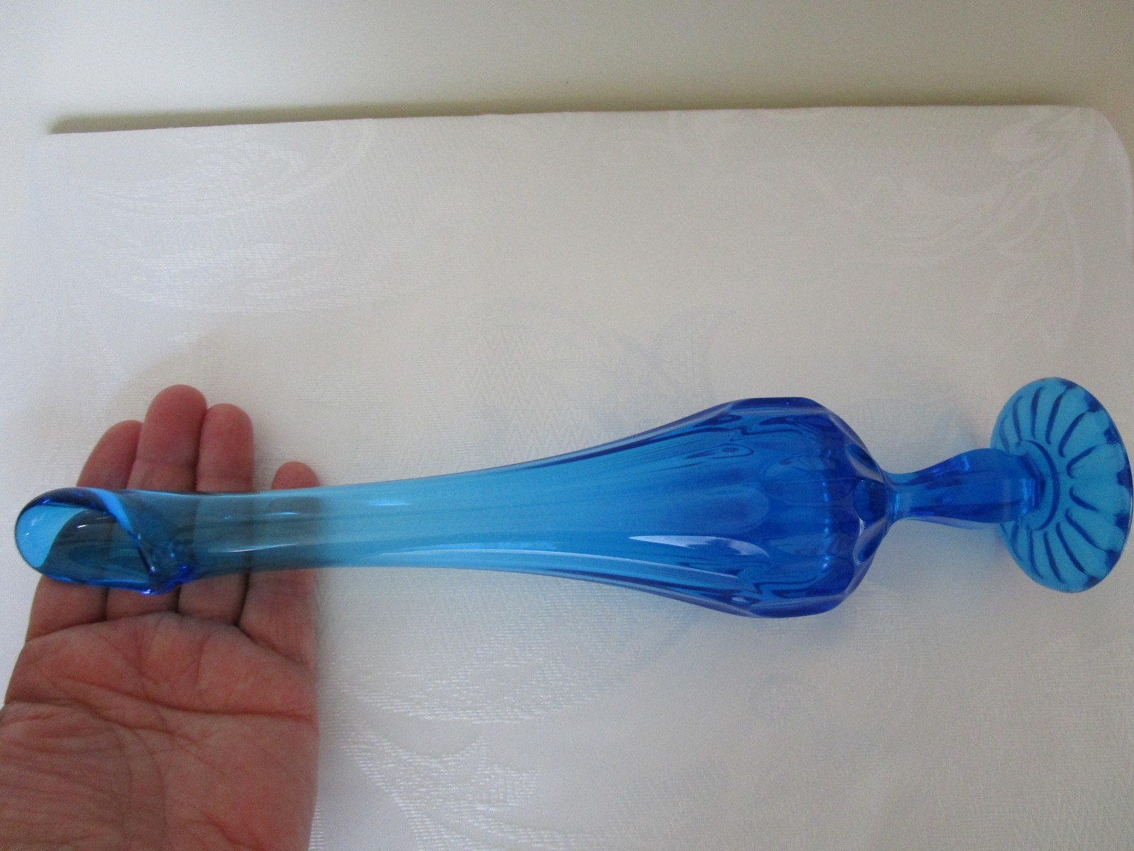 Vintage Fenton Thumbprint Swung Art Glas Vase Blue Footed 11.5” Tall USA XLNT