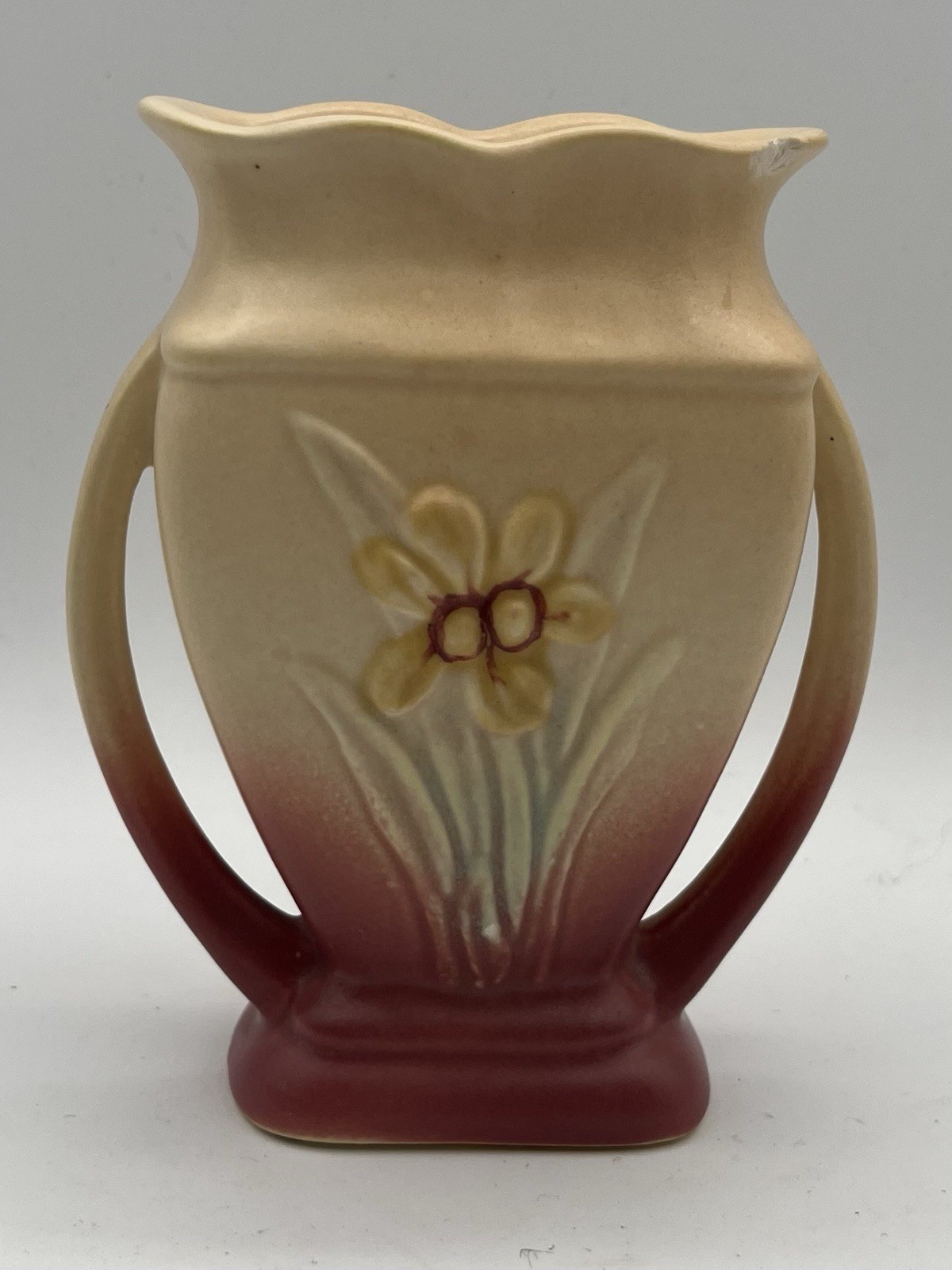 Vintage 40s Hull Pottery 405 3/4 Iris Pink And Peach Double Handle Vase AS IS