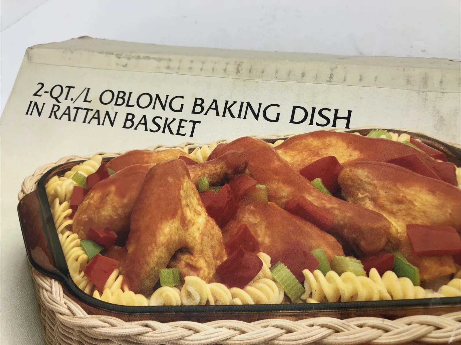 Vintage Pyrex Design 2QT. Oblong Baking Dish (clear)in Rattan Basket 2320-F-R.