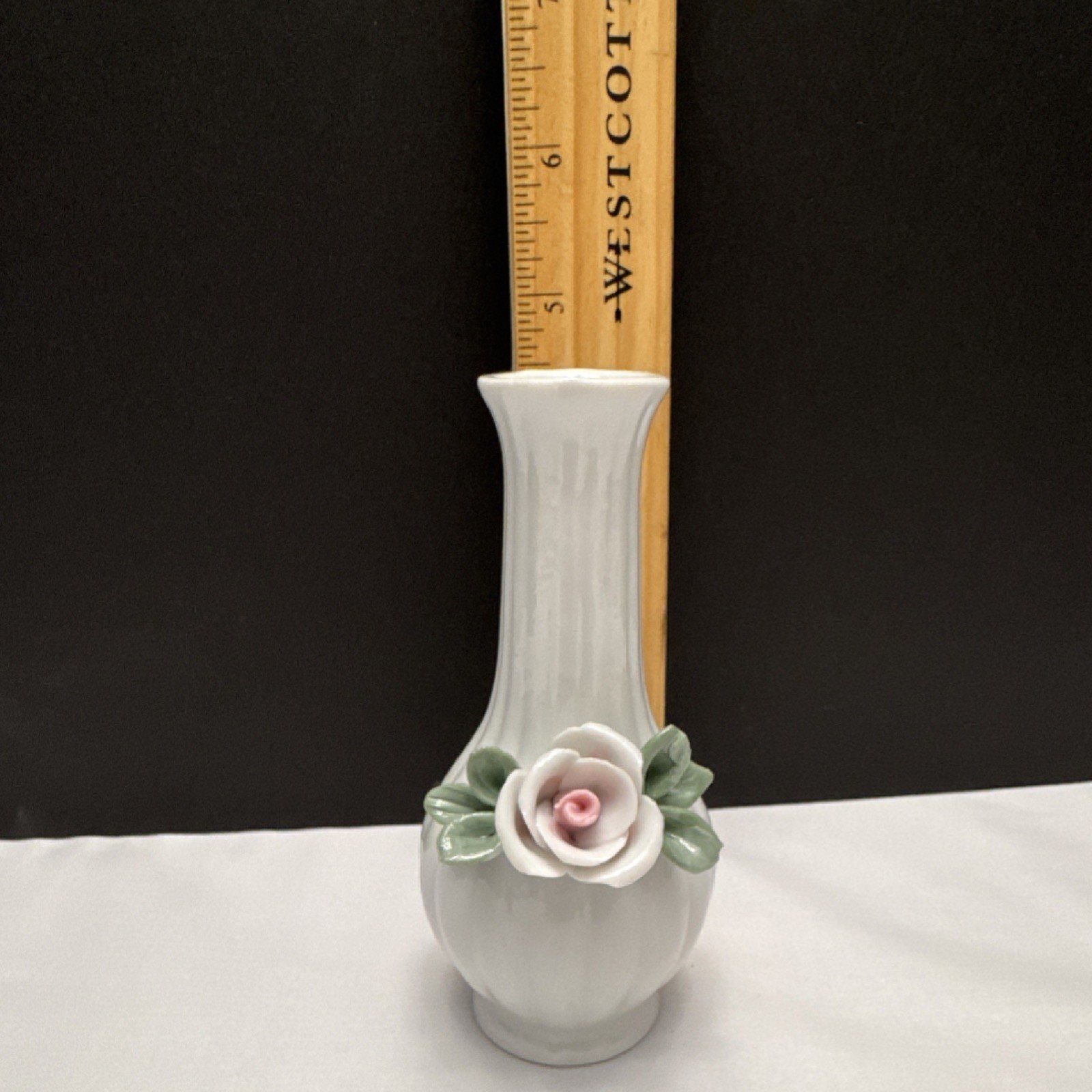 Miniature White Glossy Ceramic Vase 4-1/2″ in with Pink Rose Floral Accent