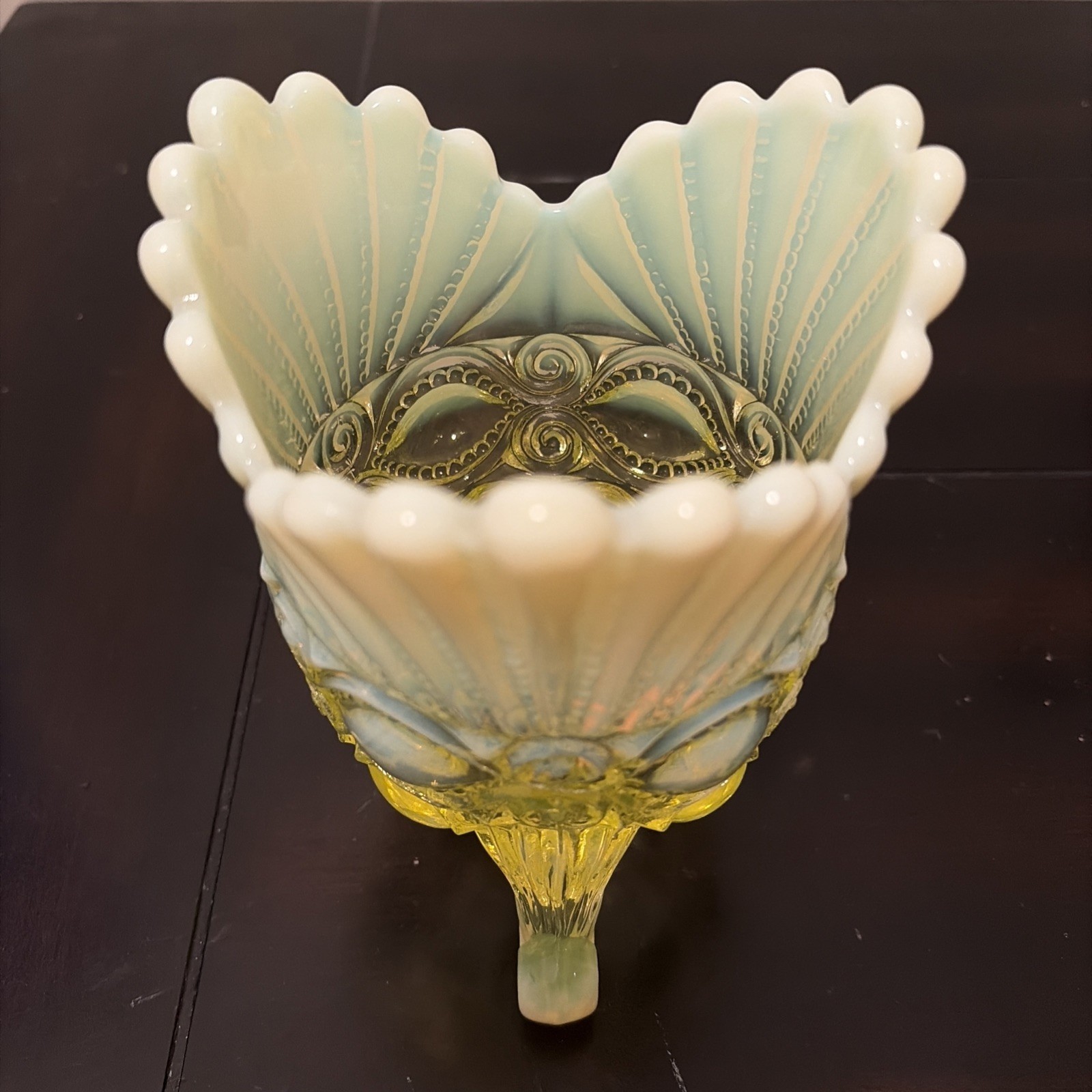 Mosser Eye Winker Footed Spooner Vase 6″ Vaseline Opalescent Uranium UV Glow