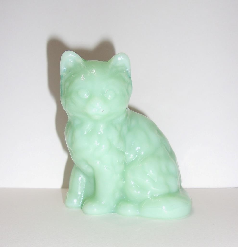 Mosser Handmade Glass Jadeite Green Persian Cat Kitten Figurine Paperweight