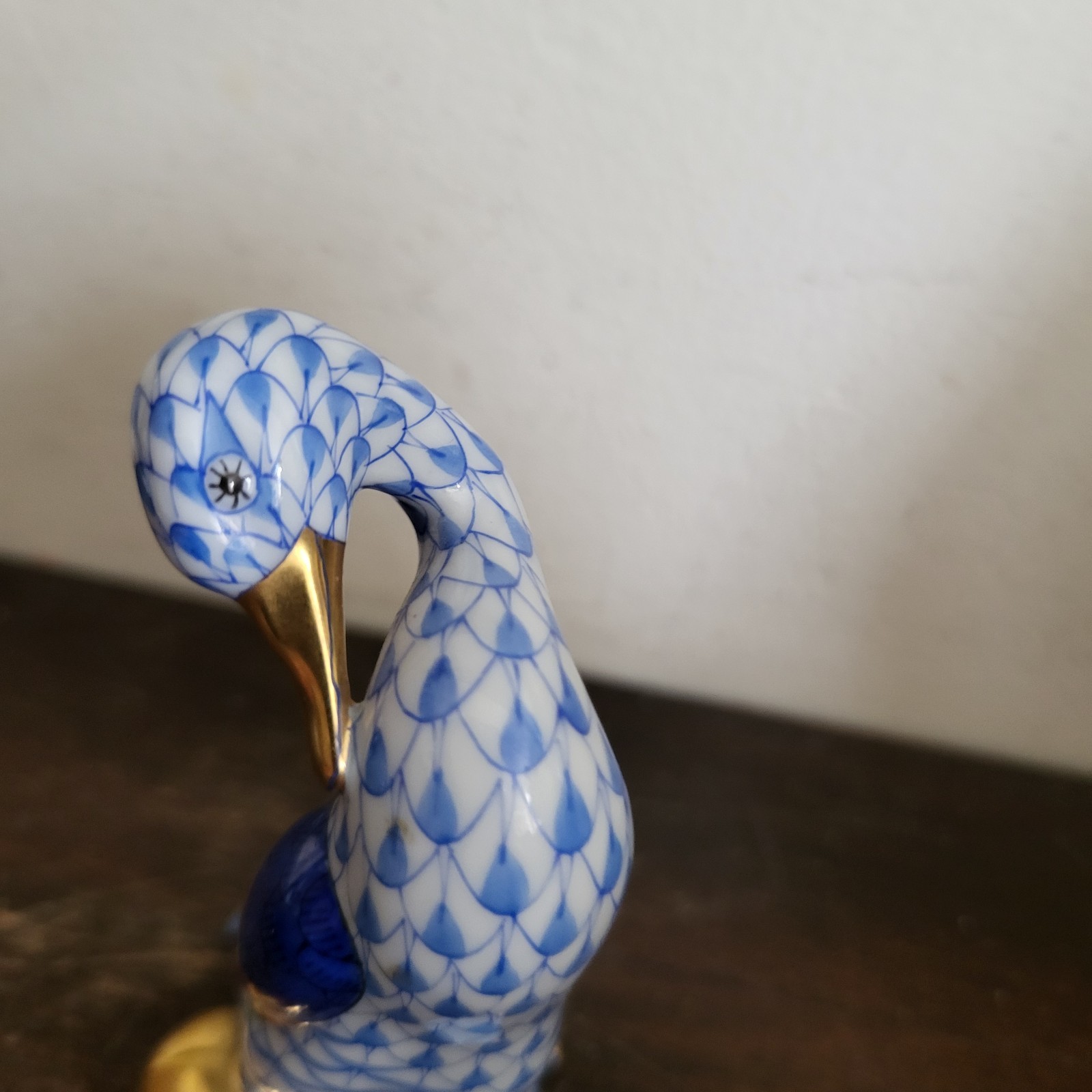 Vintage Herend Hungary Porcelain Fishnet Figurine Goose With Golden Egg Blue