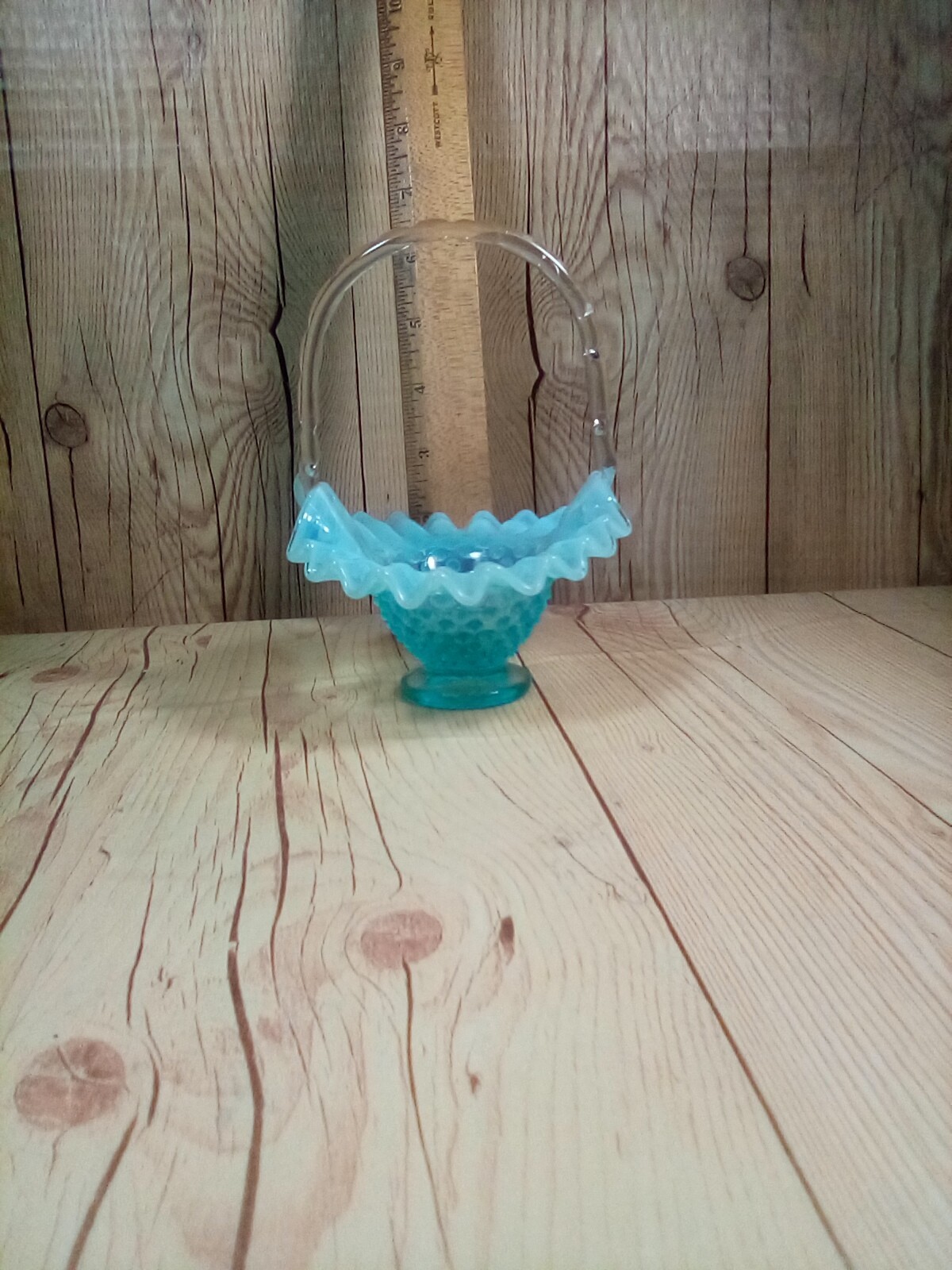Vintage Small Fenton Aqua Blue Opalescent Hobnail Ruffled Glass Basket