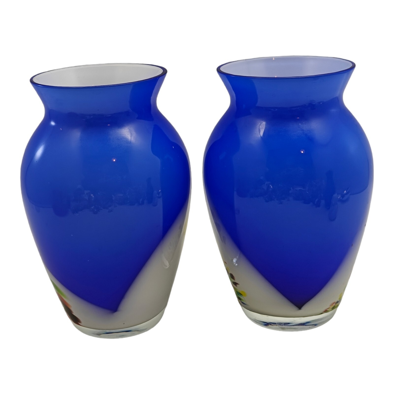 Hand Blown Art Glass Vases Cobalt Blue Confetti Cased Lot Of 2