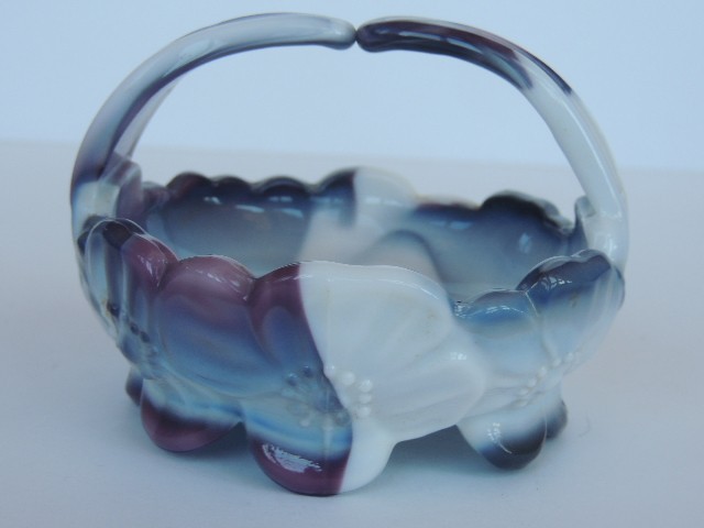 MCM Slag Glass Blue Carmel Dogwood Westmoreland Retro Basket Vintage Bowl