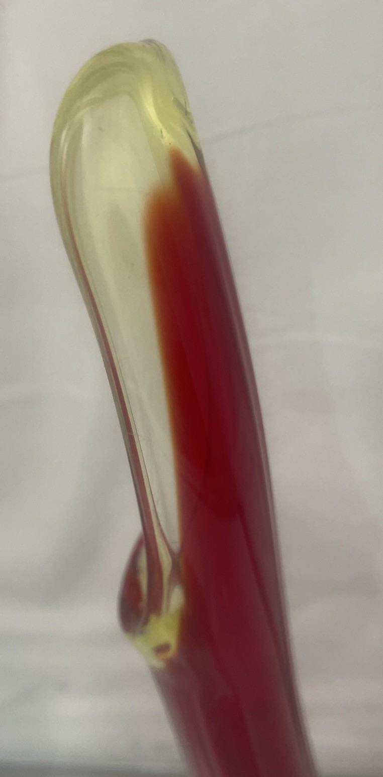 MCM L.E. Smith Swung Art Glass Vase w/Fluted Top Red + Amberina Colors 15″ x 3″