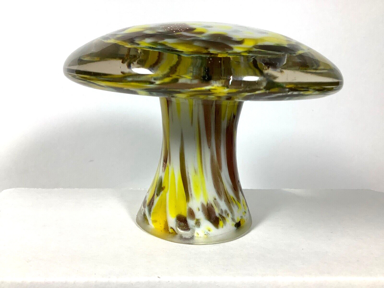 Yellow White &Brown Swirl Glass Mushroom Paperweight 3” Possibly Murano