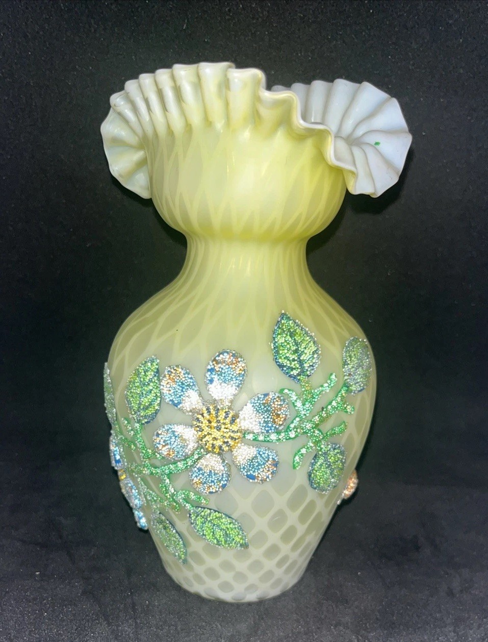 Antique Topaz Opalescent Satin Glass Ruffled Vase Beaded Floral Signed Webb