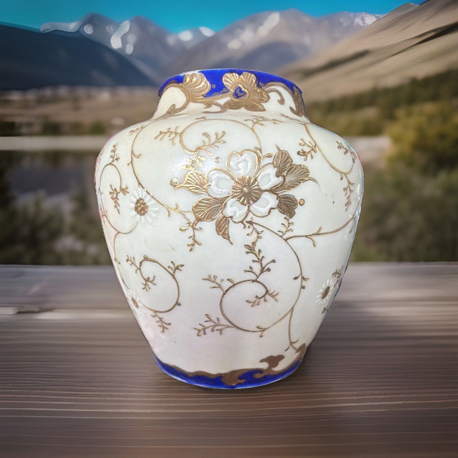 Cream Bone China Vase Glossy Finish, Blue Rim, Gold Floral Scroll Vine Design